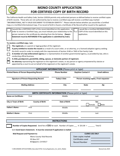 Application DOR Certified Copy of Birth Record - Mono County, California Download Pdf