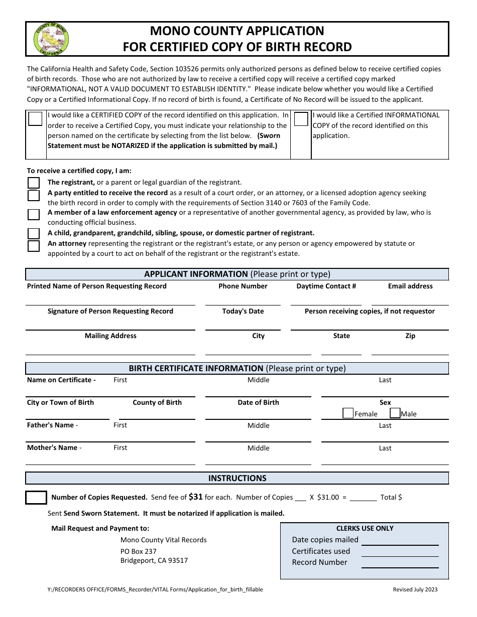 Application DOR Certified Copy of Birth Record - Mono County, California, Page 1