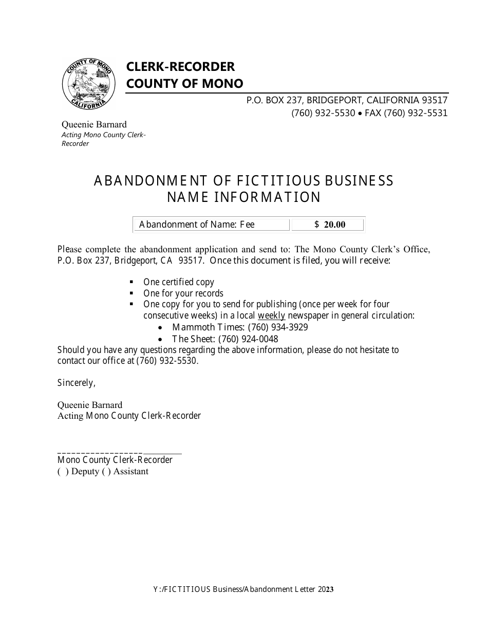 Form 2023 Fictitious Business Name Statement of Abandonment - Mono County, California, Page 1