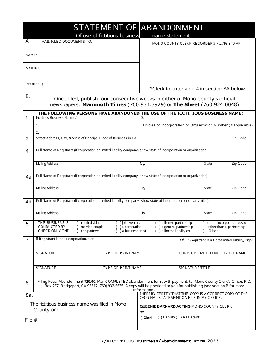 Form 2023 Fictitious Business Name Statement of Abandonment - Mono County, California, Page 2