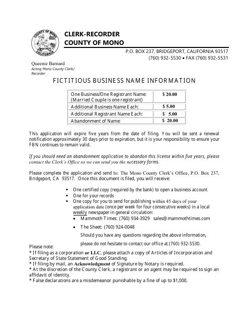 Fictitious Business Name Statement - Mono County, California Download Pdf