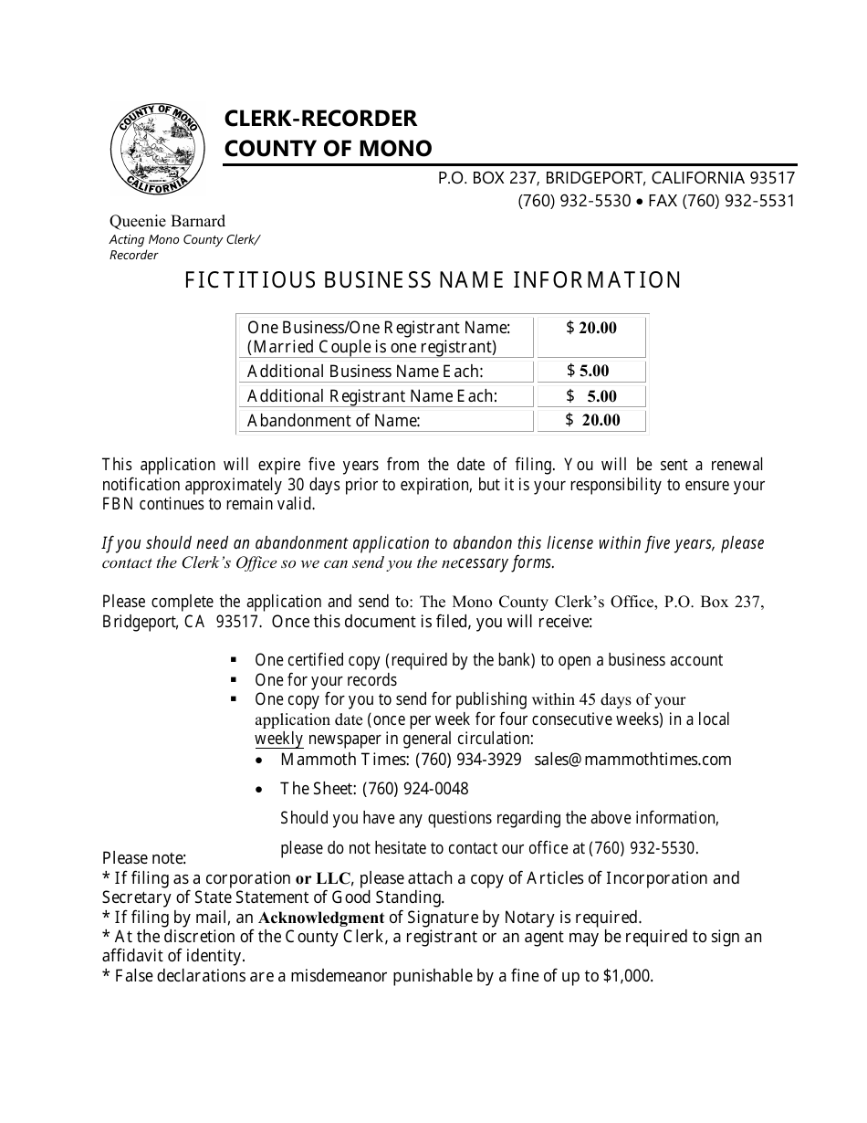Fictitious Business Name Statement - Mono County, California, Page 1