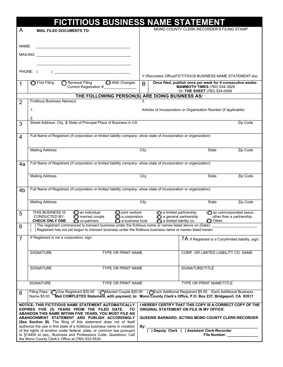 Fictitious Business Name Statement - Mono County, California, Page 2