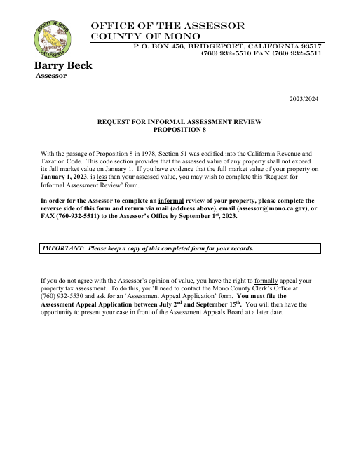Request for Informal Assessment Review - Mono County, California Download Pdf