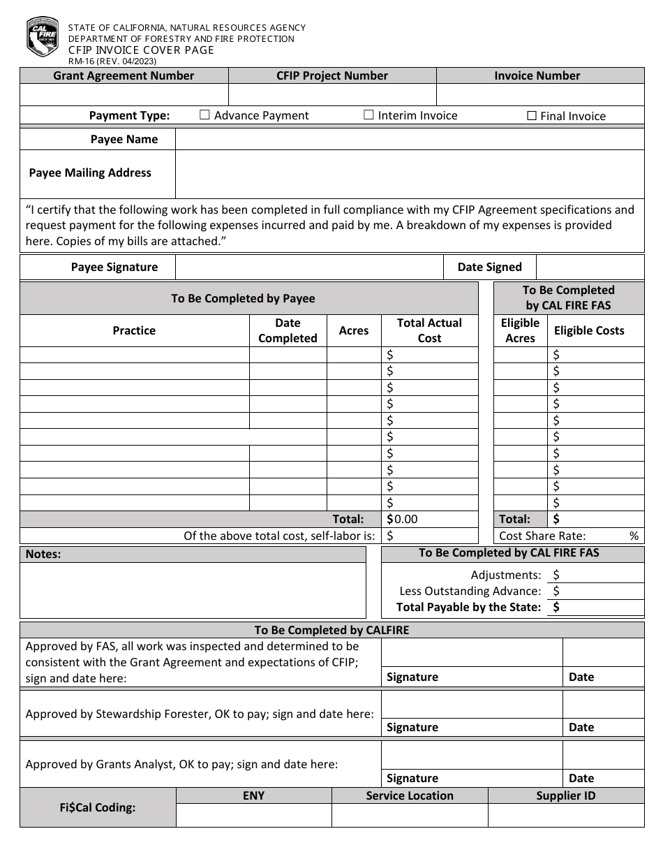 Form Rm-16 Download Fillable Pdf Or Fill Online Cfip Invoice Cover Page 