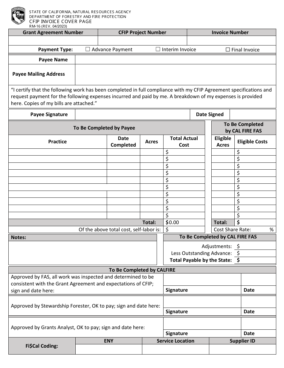 Form RM-16 Cfip Invoice Cover Page - California, Page 1