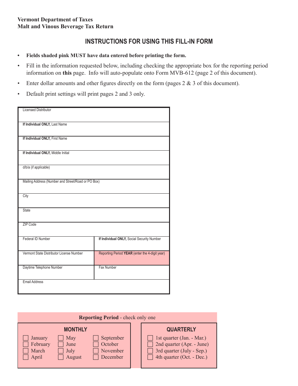 Form MVB-612 Malt and Vinous Beverage Tax Return - Vermont, Page 3