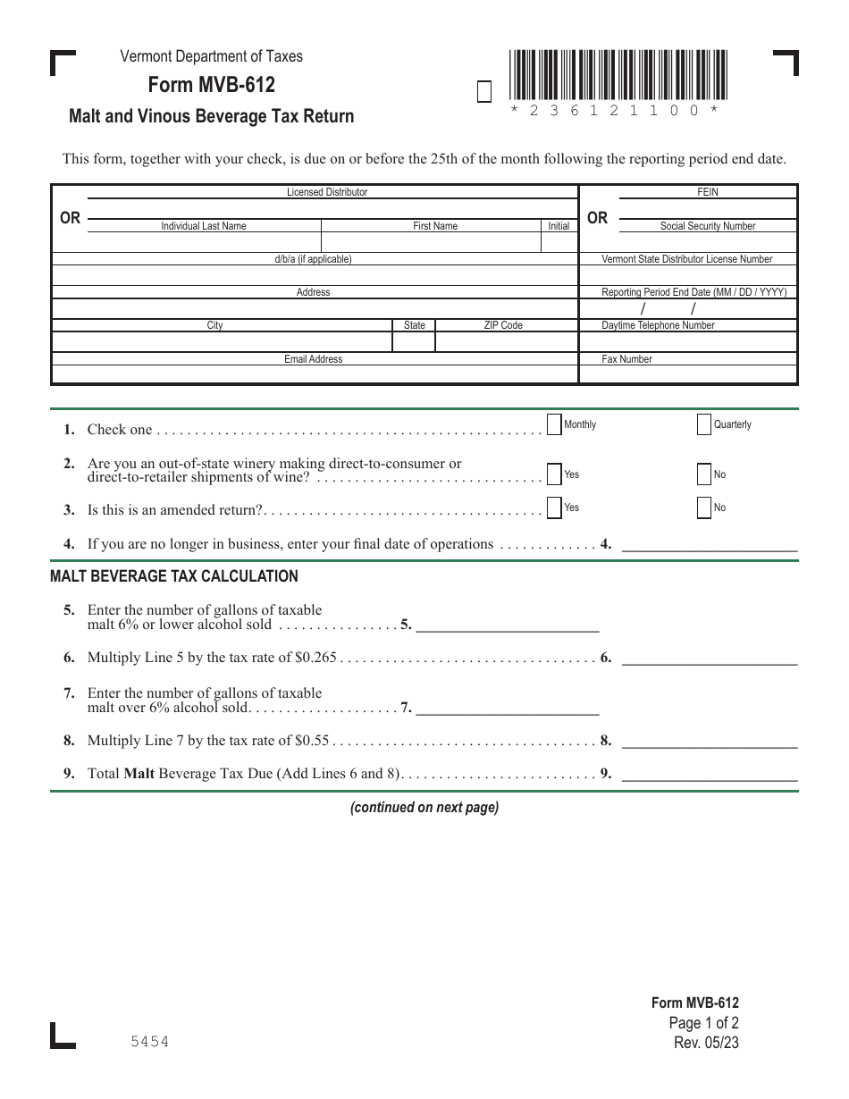 Form MVB-612 Malt and Vinous Beverage Tax Return - Vermont, Page 4