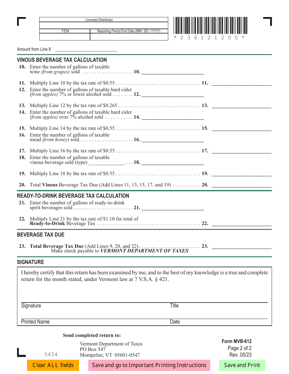 Form MVB-612 Malt and Vinous Beverage Tax Return - Vermont, Page 5