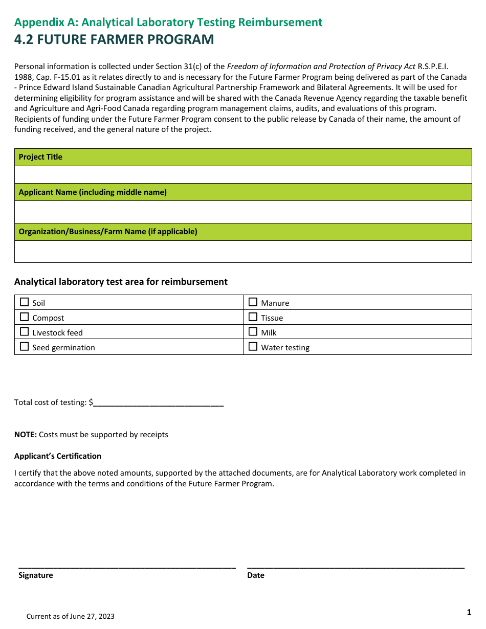 Appendix A Analytical Laboratory Testing Reimbursement - Future Farmer Program - Prince Edward Island, Canada, Page 1