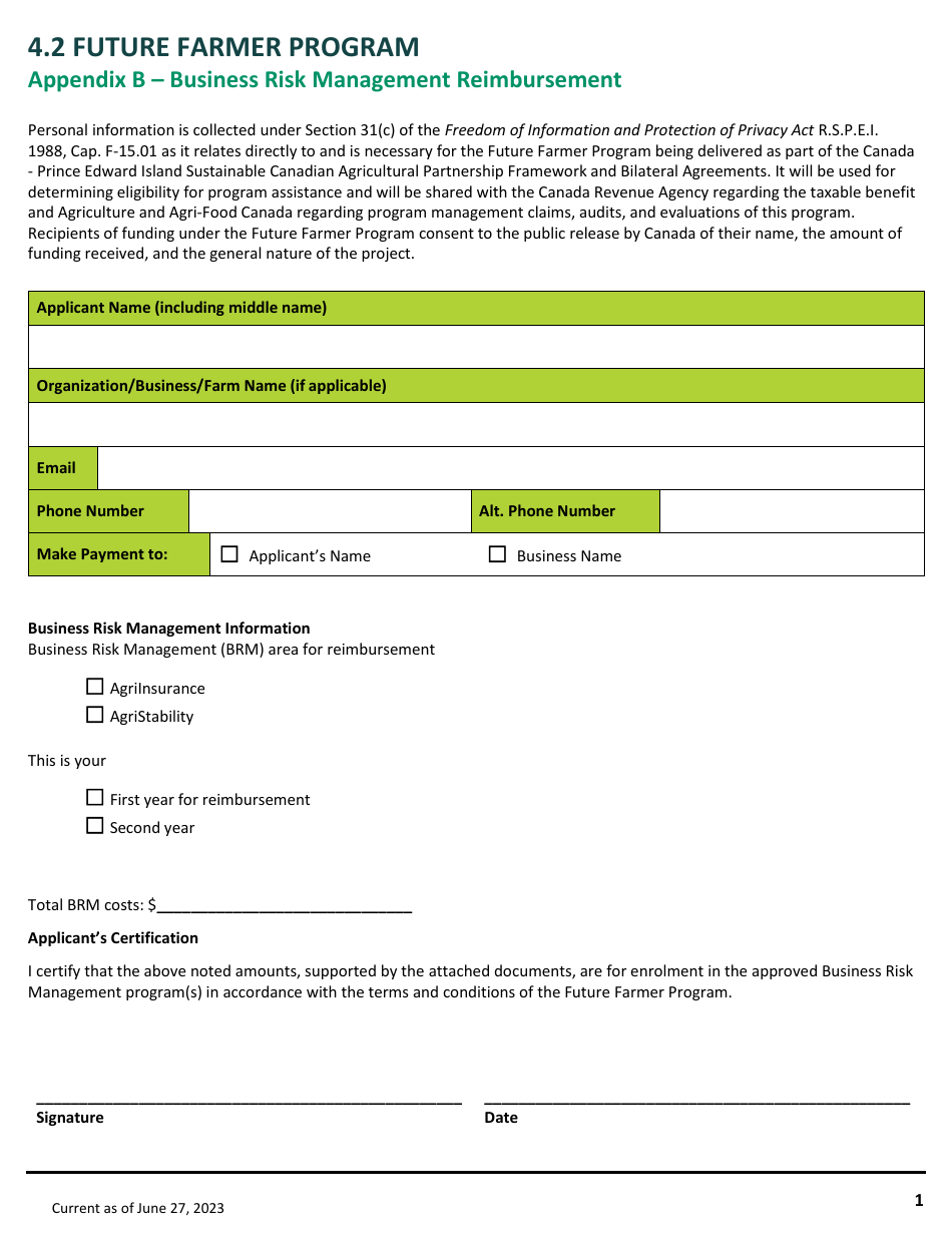 Appendix B Business Risk Management Reimbursement - Future Farmer Program - Prince Edward Island, Canada, Page 1