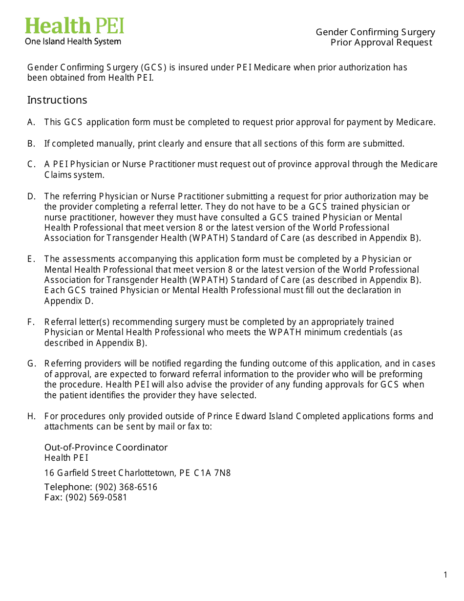Gender Confirming Surgery Prior Approval Request - Prince Edward Island, Canada, Page 1