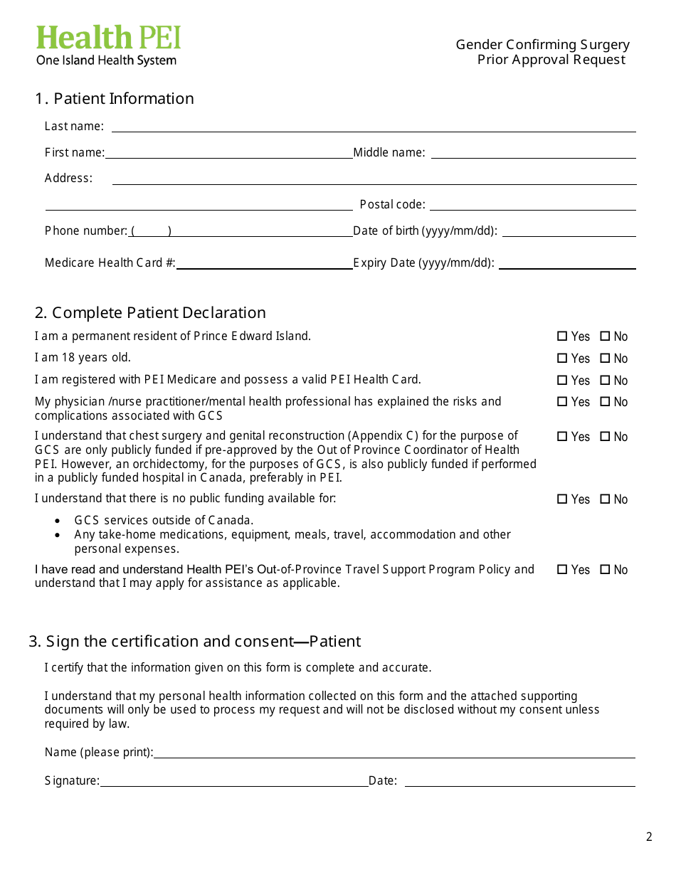 Gender Confirming Surgery Prior Approval Request - Prince Edward Island, Canada, Page 2