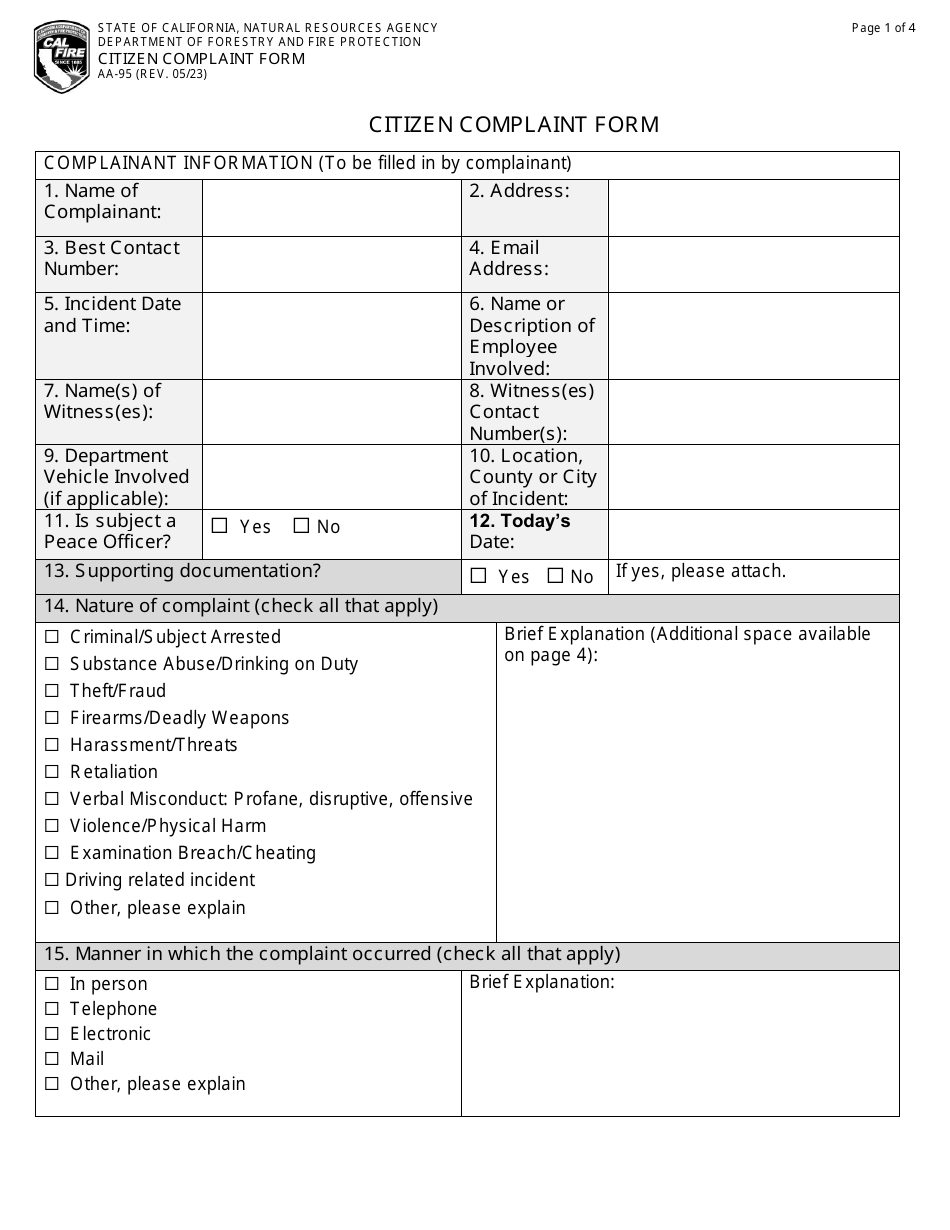Form AA-95 Citizen Complaint Form - California, Page 1