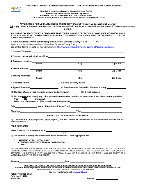 Form 401-279A Application for Local Business Tax Receipt - Broward County, Florida