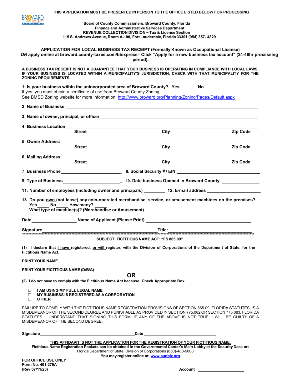 Form 401279A Download Printable PDF or Fill Online Application for