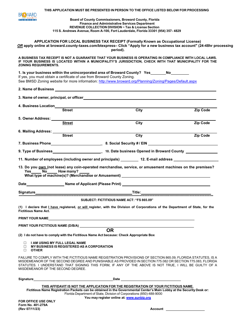 Form 401-279A Application for Local Business Tax Receipt - Broward County, Florida, Page 1