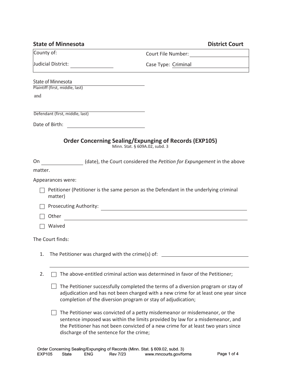 Form EXP105 Order Concerning Sealing / Expunging of Records - Minnesota, Page 1