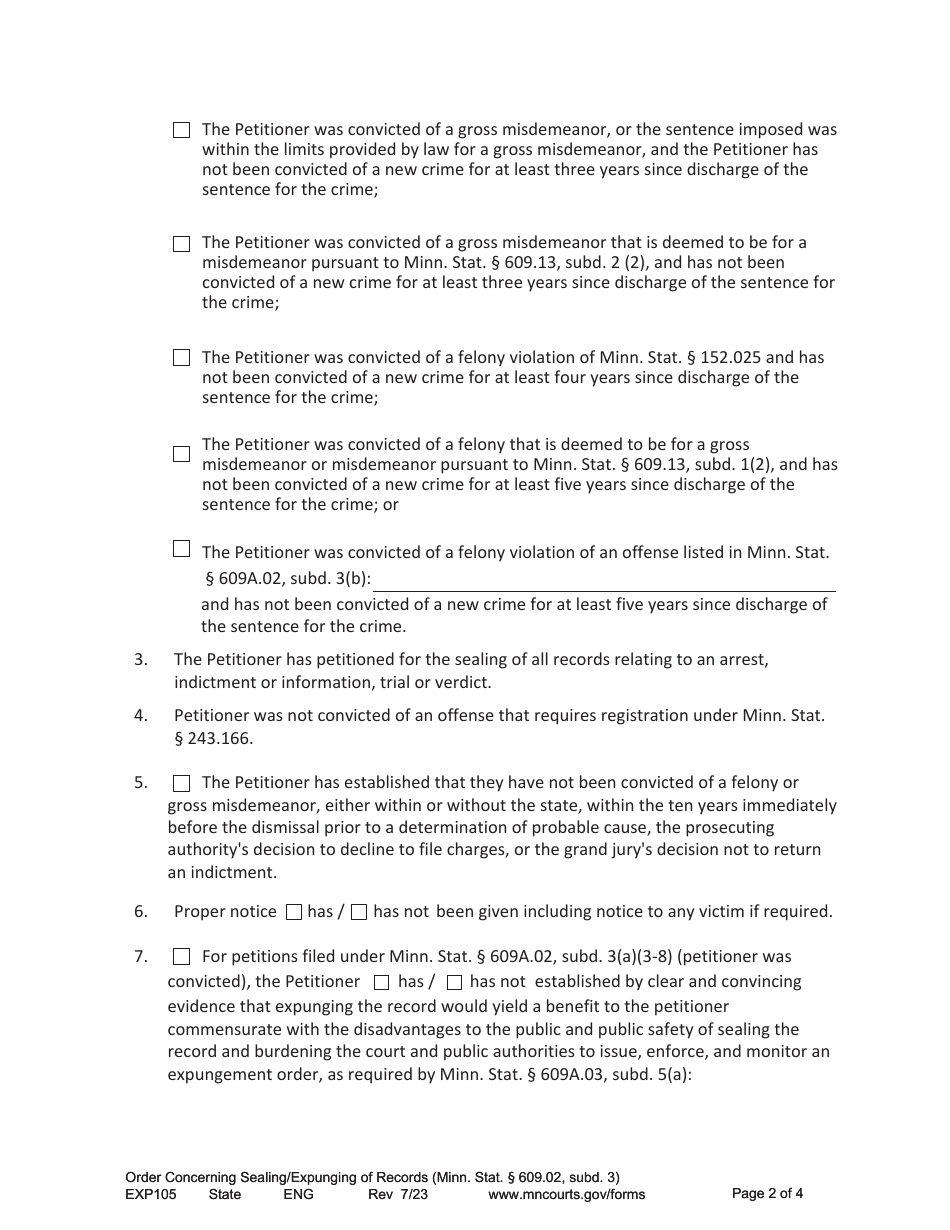 Form EXP105 Order Concerning Sealing / Expunging of Records - Minnesota, Page 2