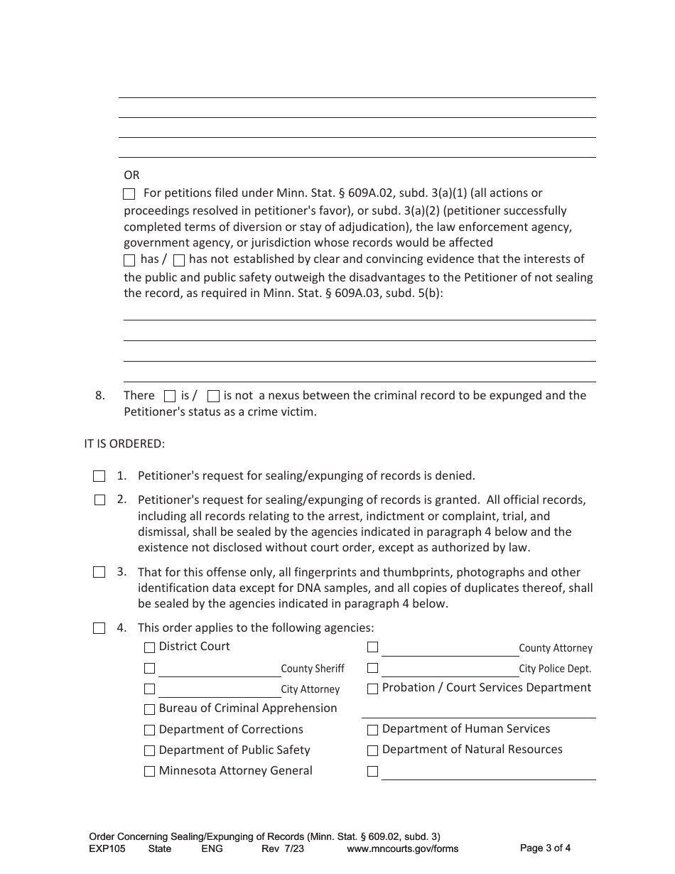Form EXP105 Order Concerning Sealing / Expunging of Records - Minnesota, Page 3