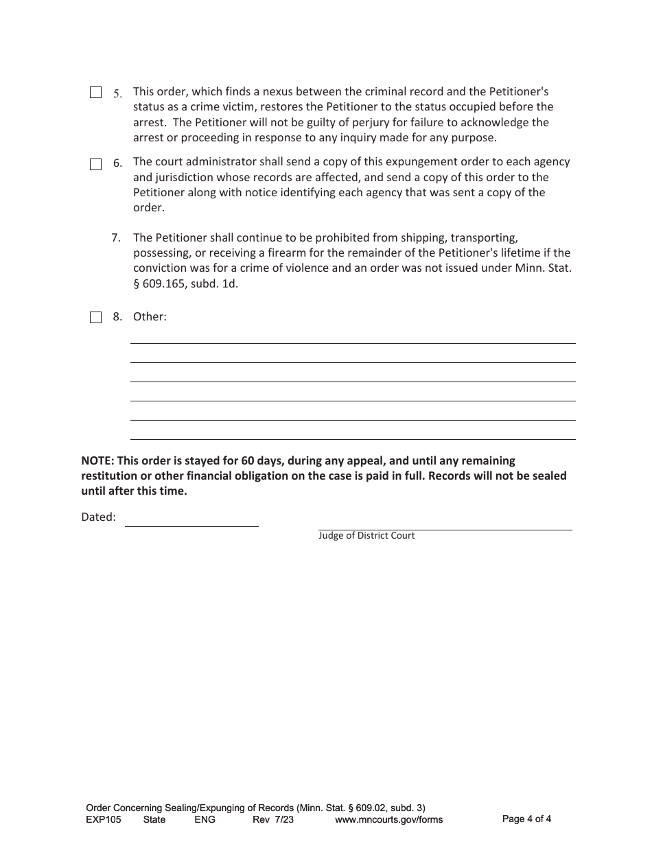 Form EXP105 Order Concerning Sealing / Expunging of Records - Minnesota, Page 4