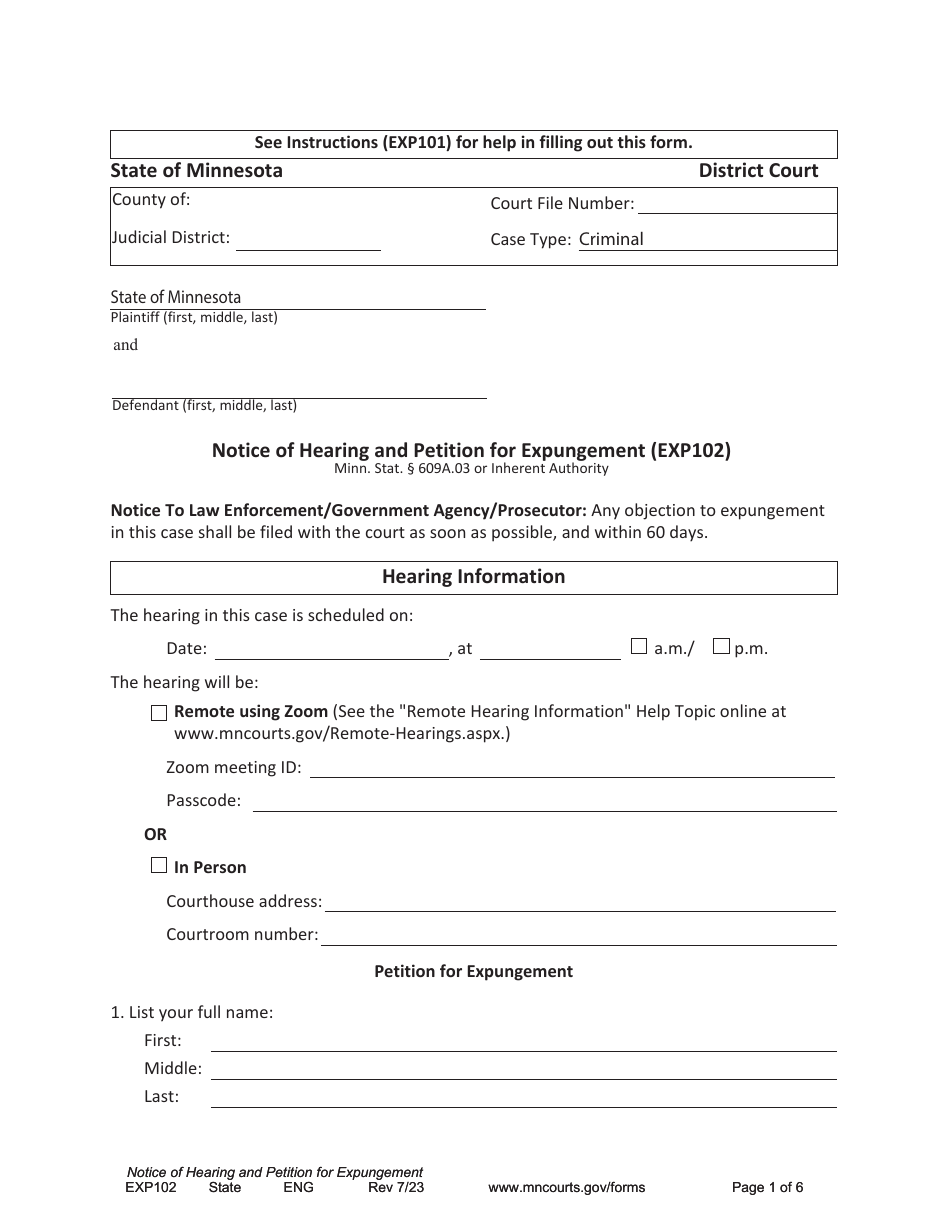 Form EXP102 Notice of Hearing and Petition for Expungement - Minnesota, Page 1