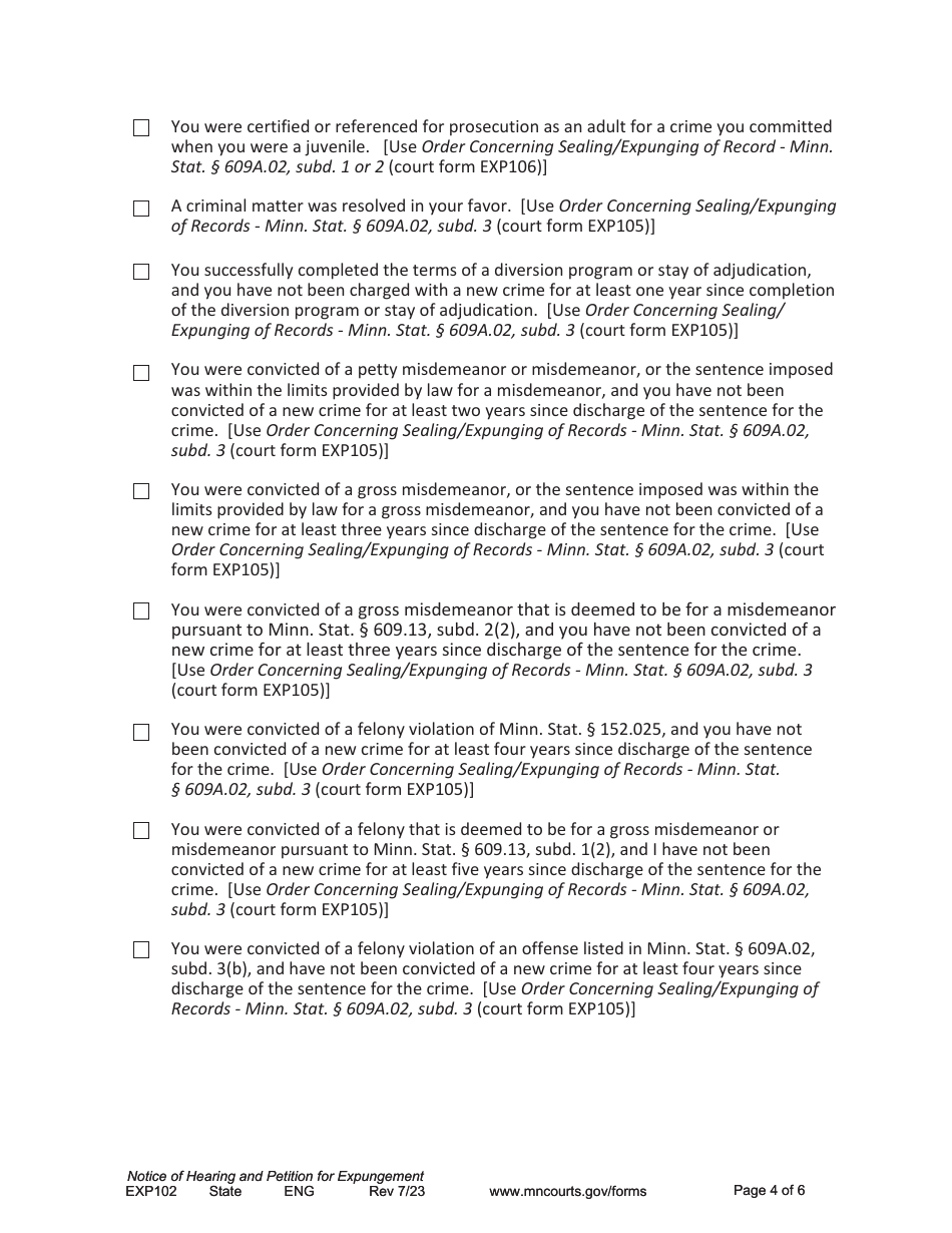 Form EXP102 Notice of Hearing and Petition for Expungement - Minnesota, Page 4