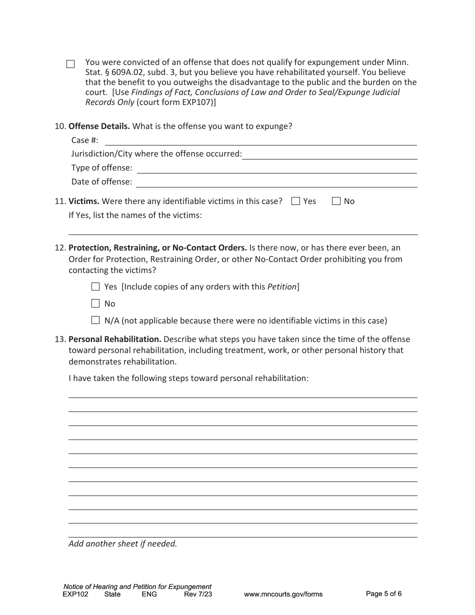 Form EXP102 Notice of Hearing and Petition for Expungement - Minnesota, Page 5