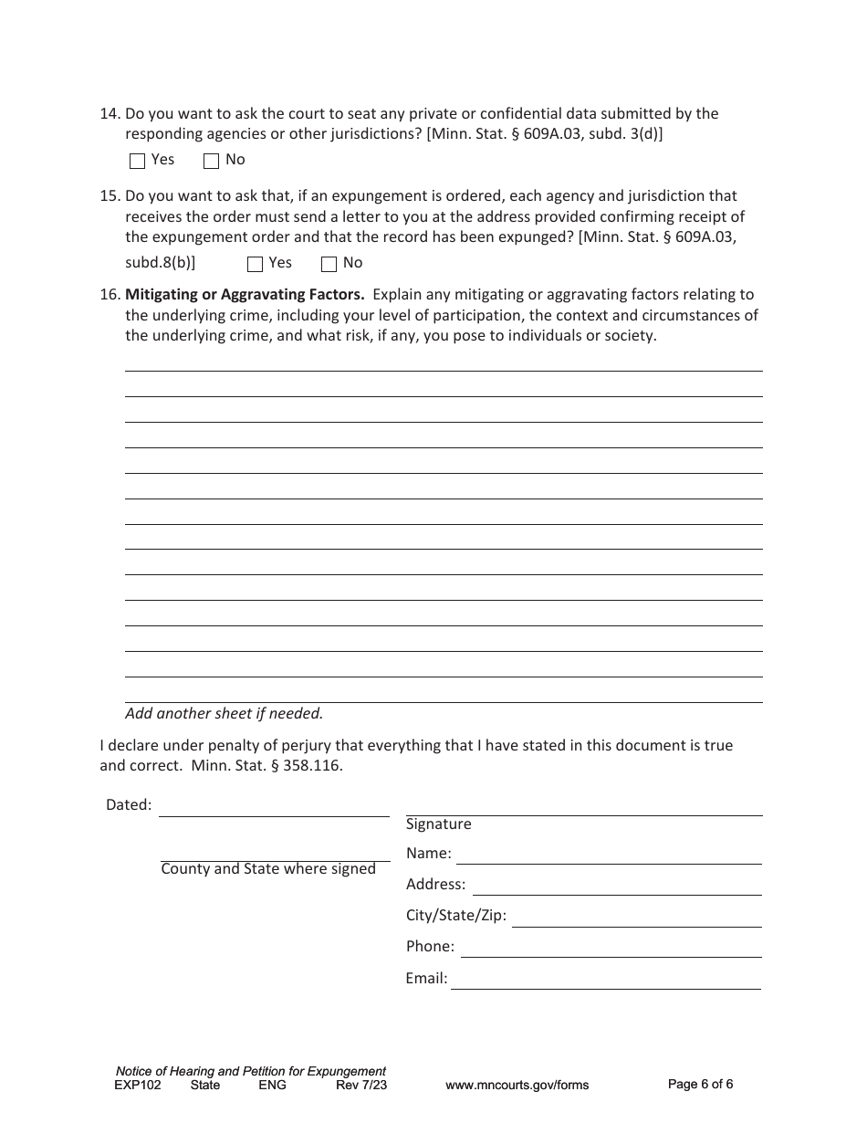 Form EXP102 Notice of Hearing and Petition for Expungement - Minnesota, Page 6