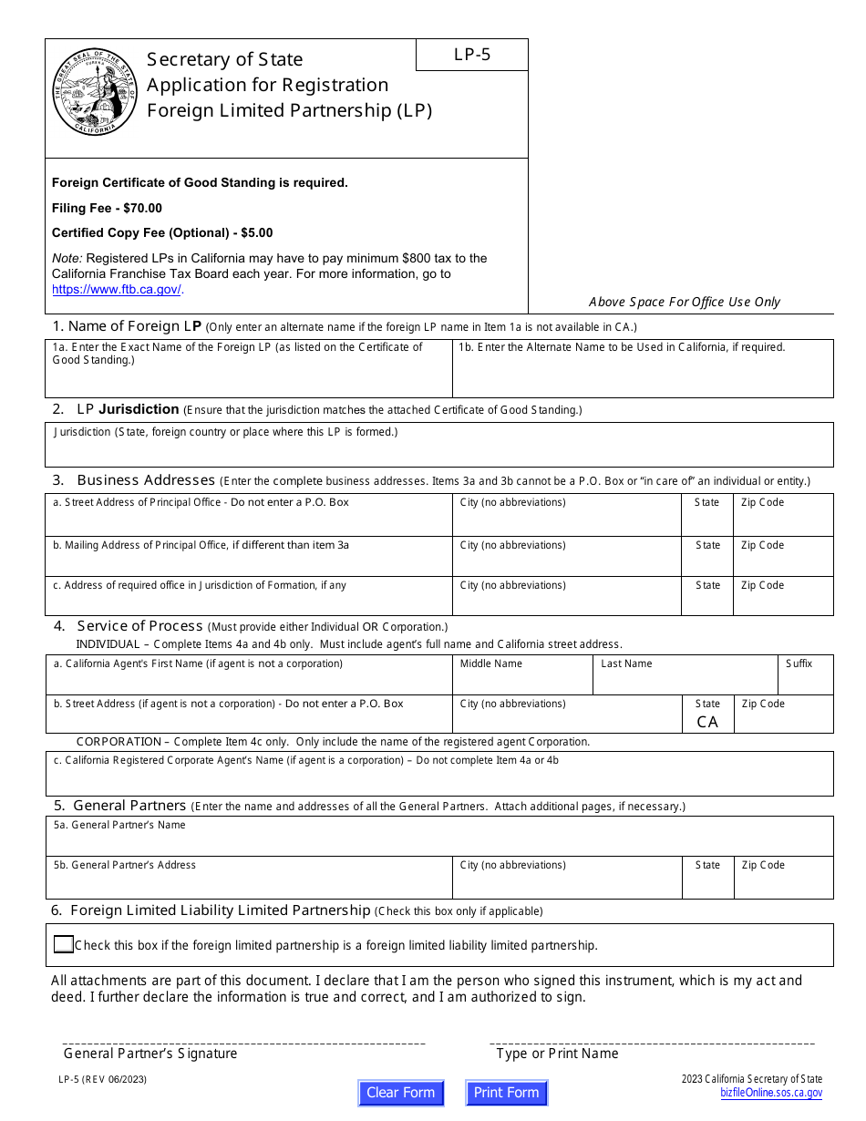Form LP-5 Application for Registration Foreign Limited Partnership (Lp) - California, Page 2