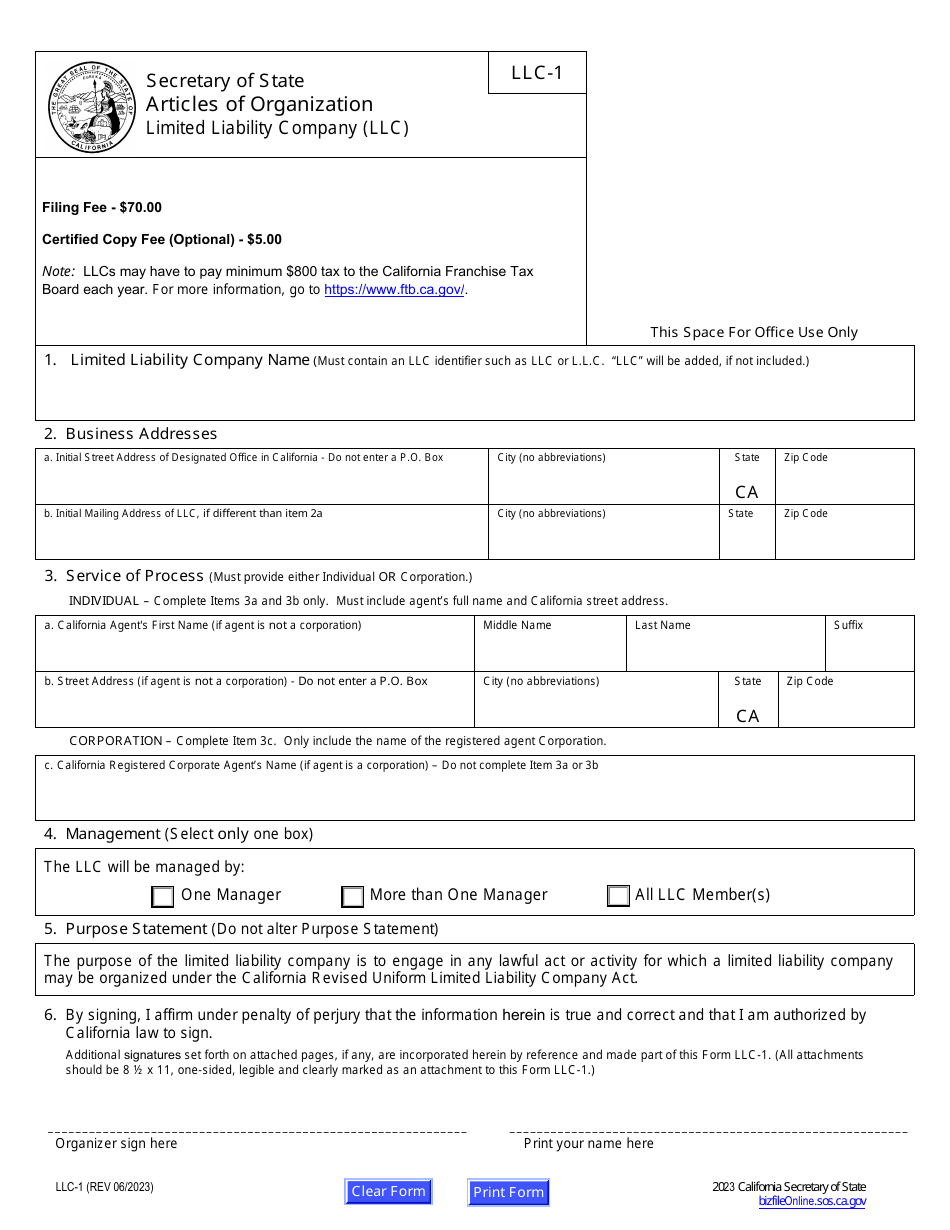 Form LLC-1 Articles of Organization - Limited Liability Company (LLC) - California, Page 2