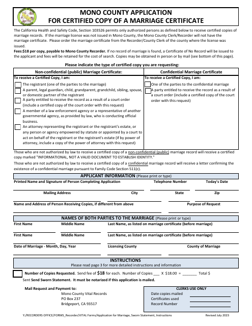 Application for Certified Copy of a Marriage Certificate - Mono County, California Download Pdf