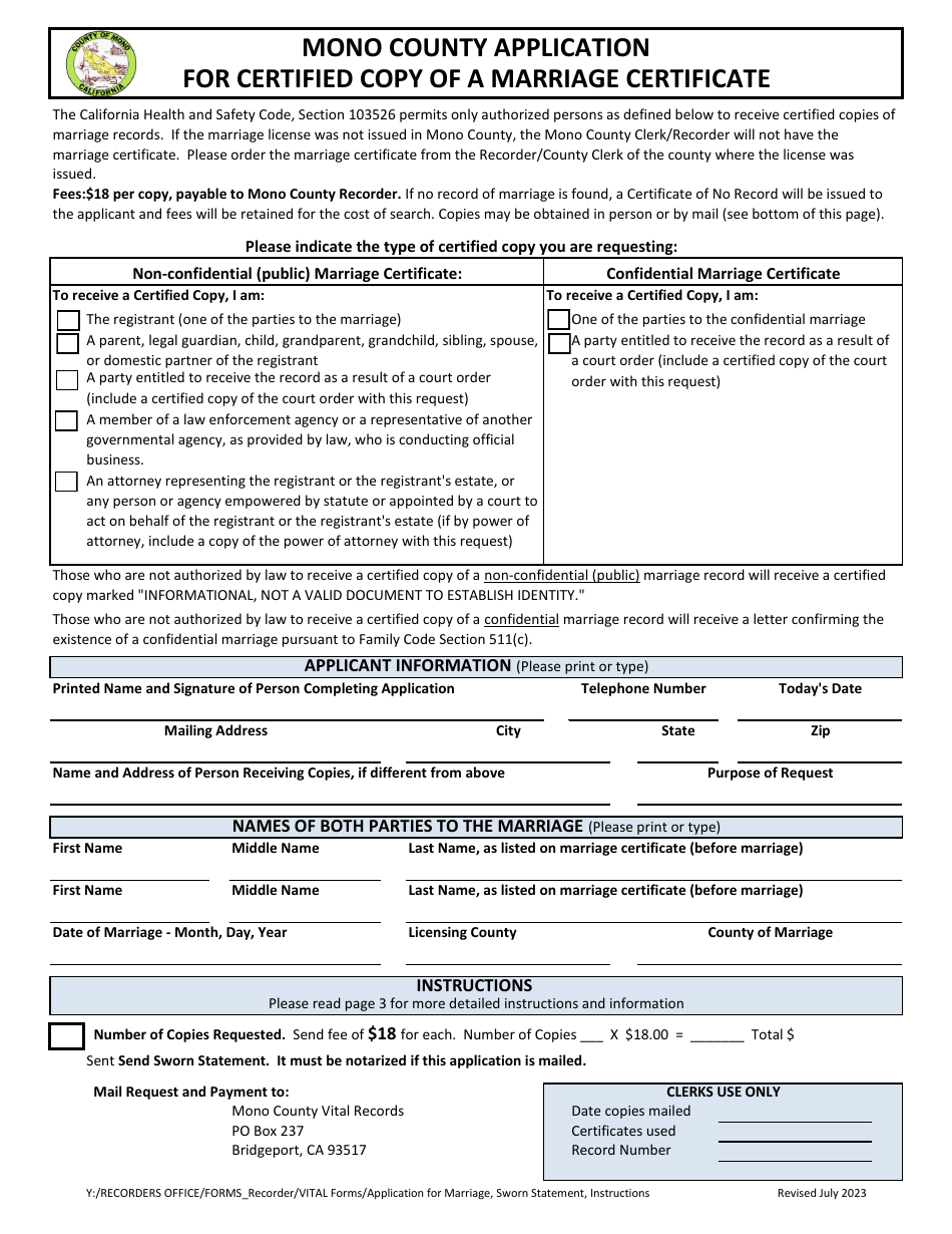 Mono County, California Application for Certified Copy of a Marriage ...