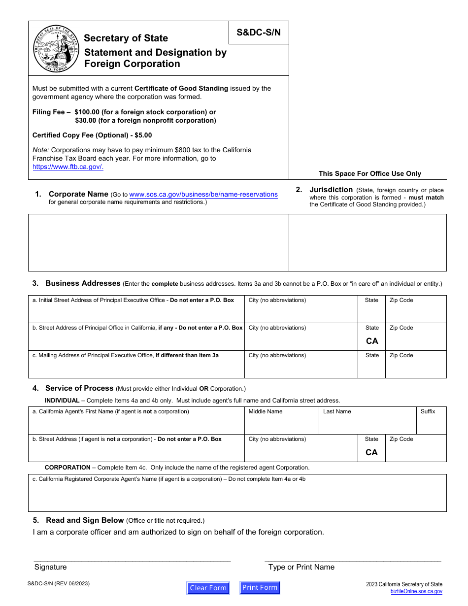 Form SDC-S / N Statement and Designation by Foreign Corporation - California, Page 2