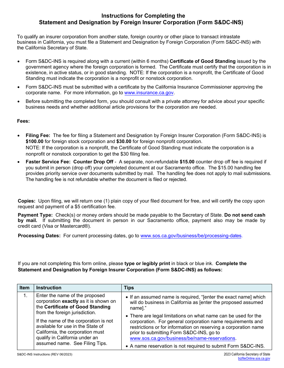 Form SDC-INS Statement and Designation by Foreign Insurer Corporation - California, Page 2