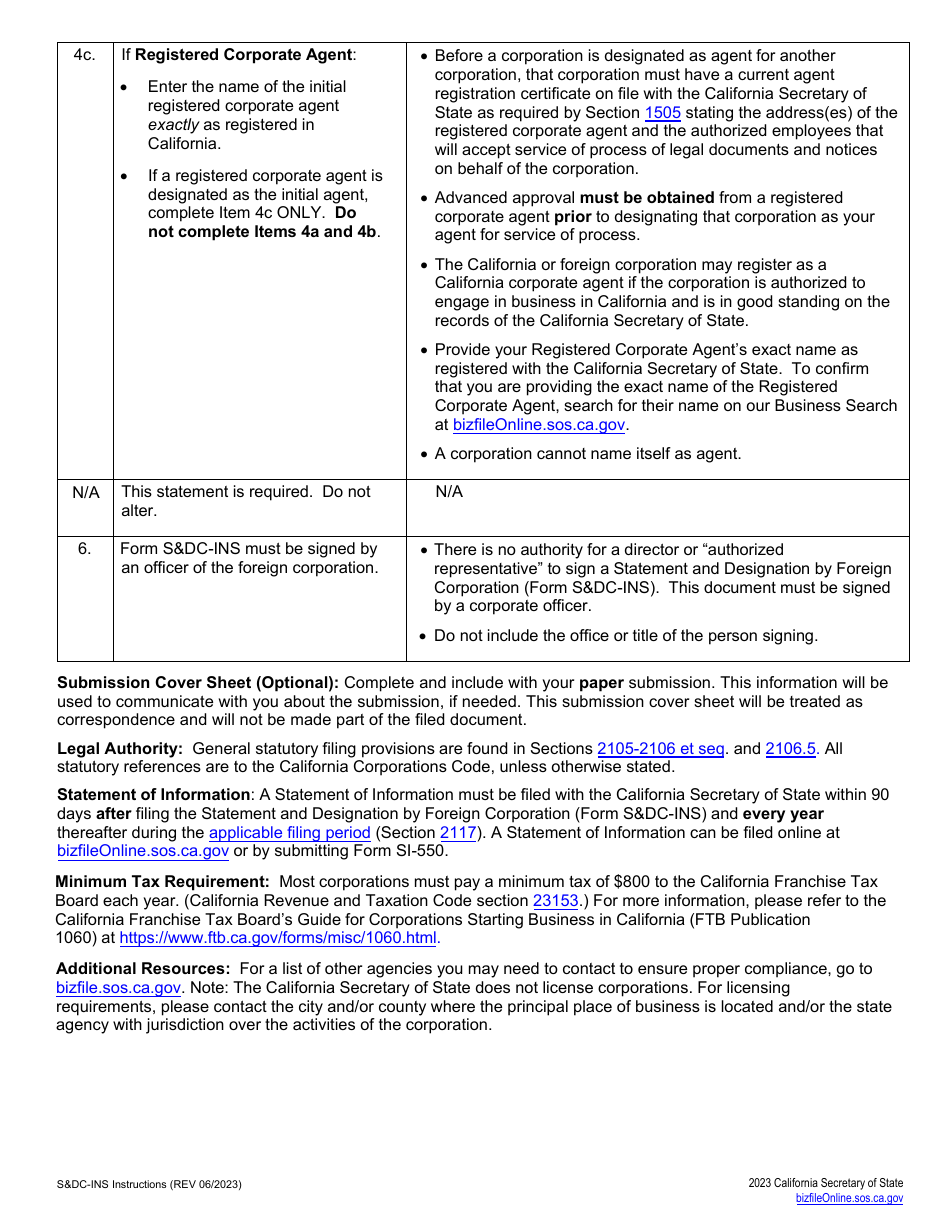 Form SDC-INS Statement and Designation by Foreign Insurer Corporation - California, Page 4