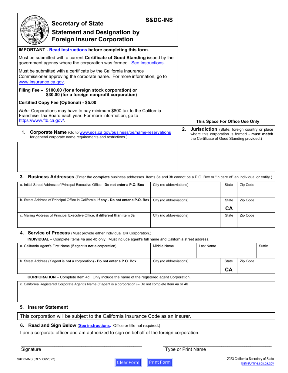 Form SDC-INS Statement and Designation by Foreign Insurer Corporation - California, Page 5