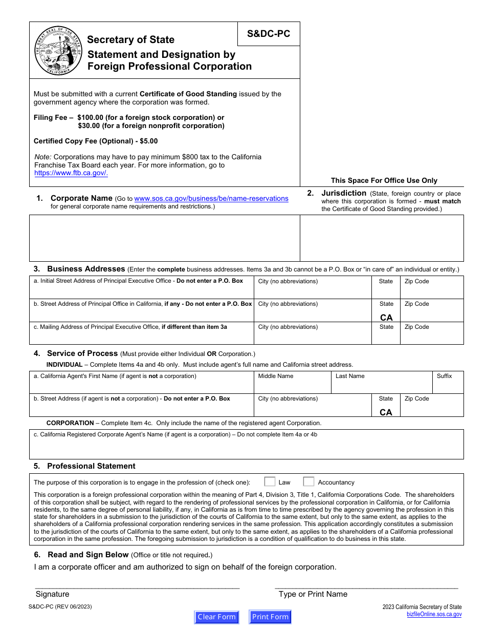 Form SDC-PC Statement and Designation by Foreign Professional Corporation - California, Page 2
