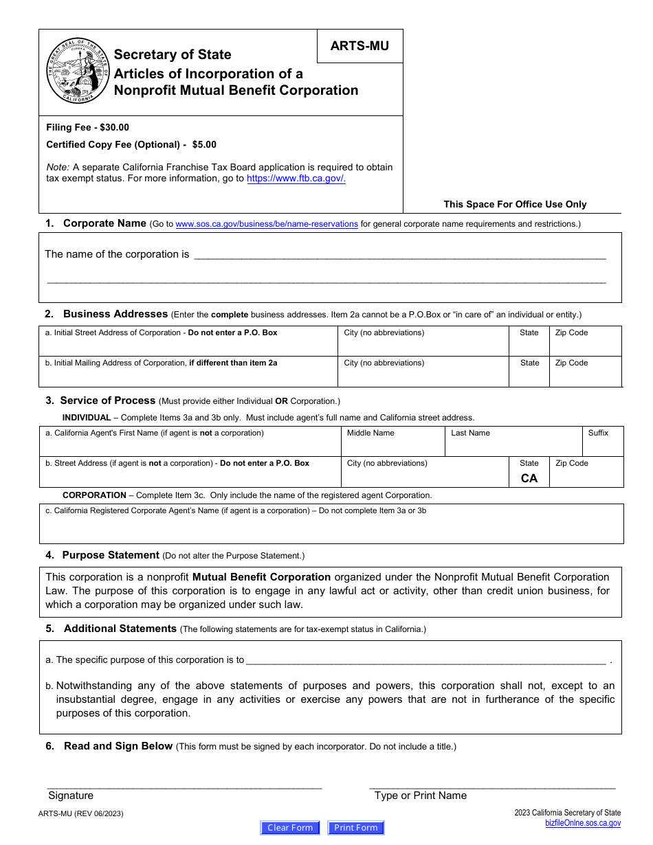 Form ARTS-MU Articles of Incorporation of a Nonprofit Mutual Benefit Corporation - California, Page 2