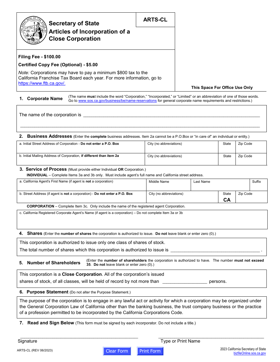 Form ARTS-CL Articles of Incorporation of a Close Corporation - California, Page 2