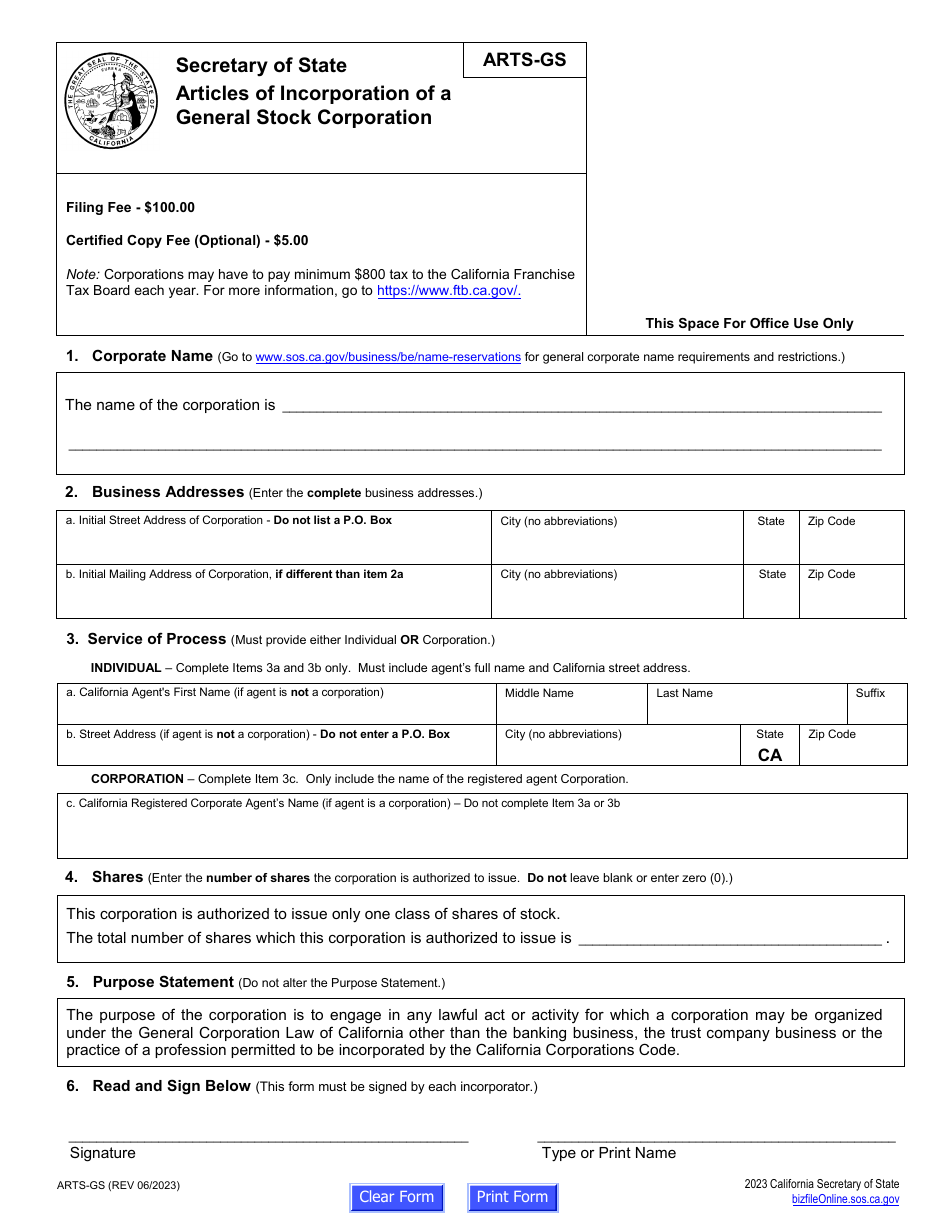 Form ARTS-GS Articles of Incorporation of a General Stock Corporation - California, Page 2