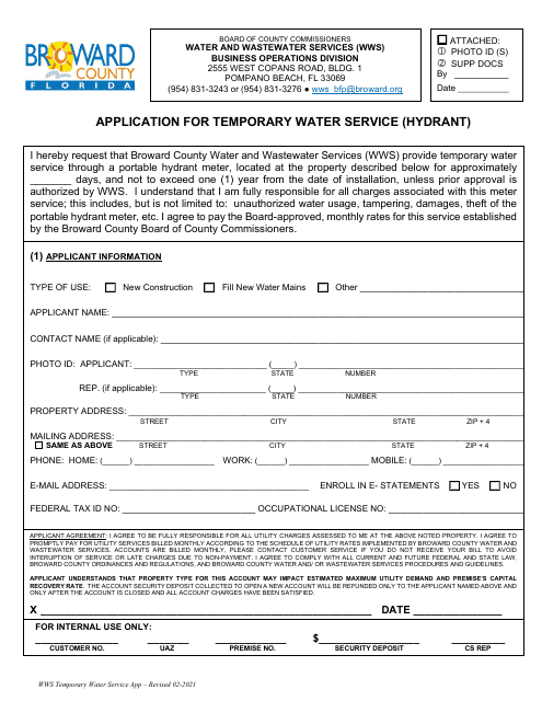Application for Temporary Water Service (Hydrant) - Broward County, Florida Download Pdf