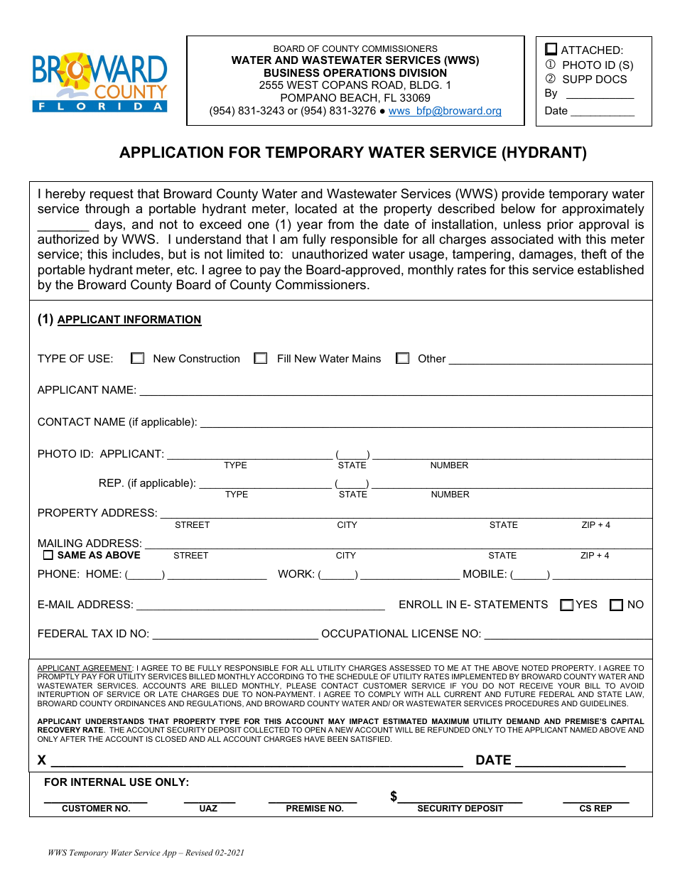 Application for Temporary Water Service (Hydrant) - Broward County, Florida, Page 1