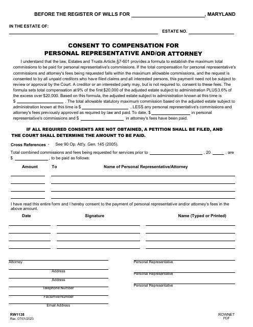 Form RW1138 Consent to Compensation for Personal Representative and/or Attorney - Blank Form - Maryland