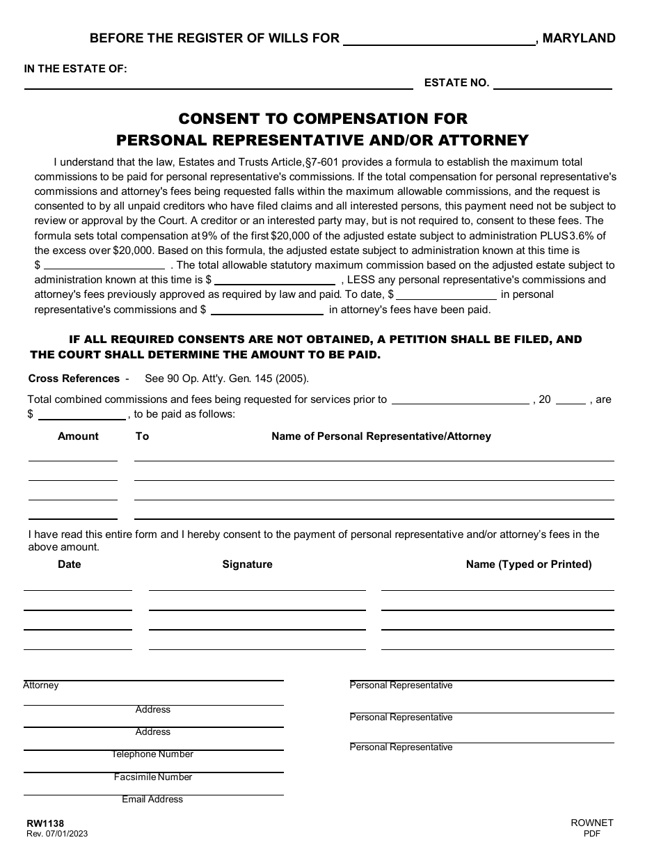 Form RW1138 Consent to Compensation for Personal Representative and / or Attorney - Blank Form - Maryland, Page 1
