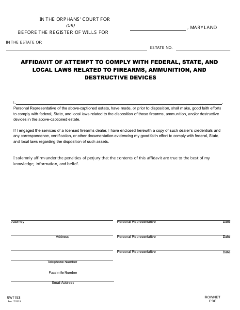 Form RW1153 Affidavit of Attempt to Comply With Federal, State, and Local Laws Related to Firearms, Ammunition, and Destructive Devices - Maryland