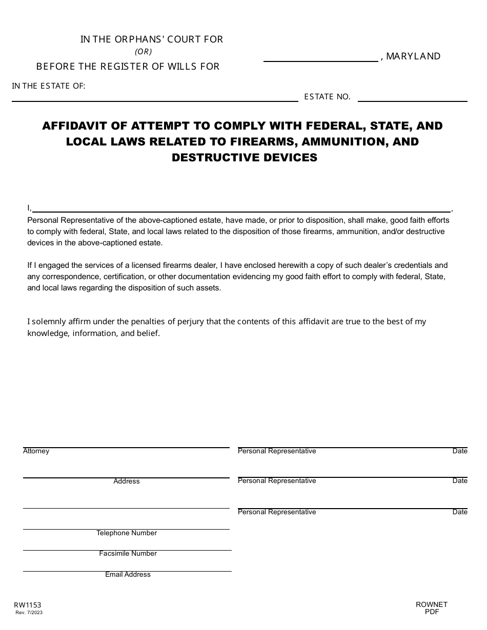 Form RW1153 Affidavit of Attempt to Comply With Federal, State, and Local Laws Related to Firearms, Ammunition, and Destructive Devices - Maryland, Page 1