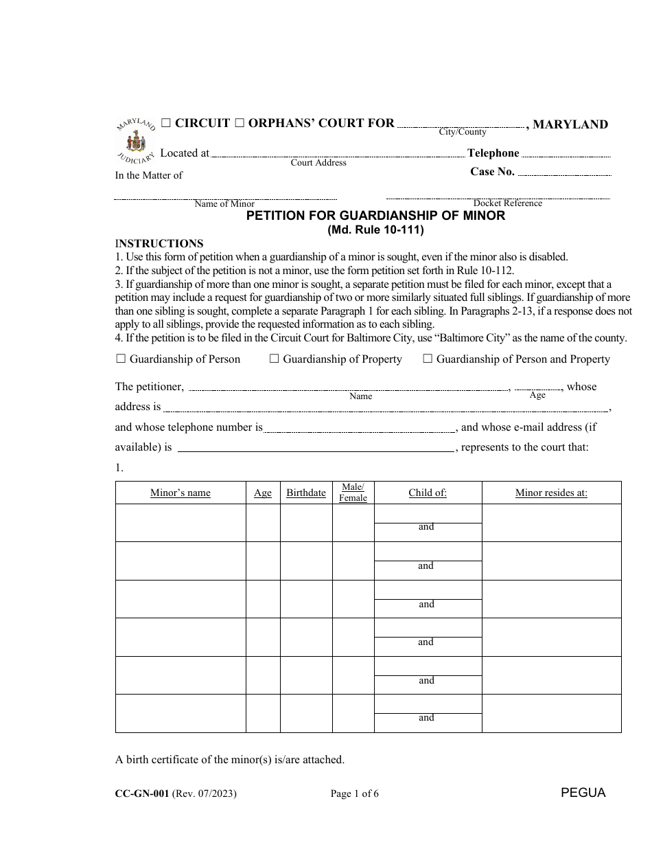 Form CC-GN-001 Petition for Guardianship of Minor - Maryland, Page 1