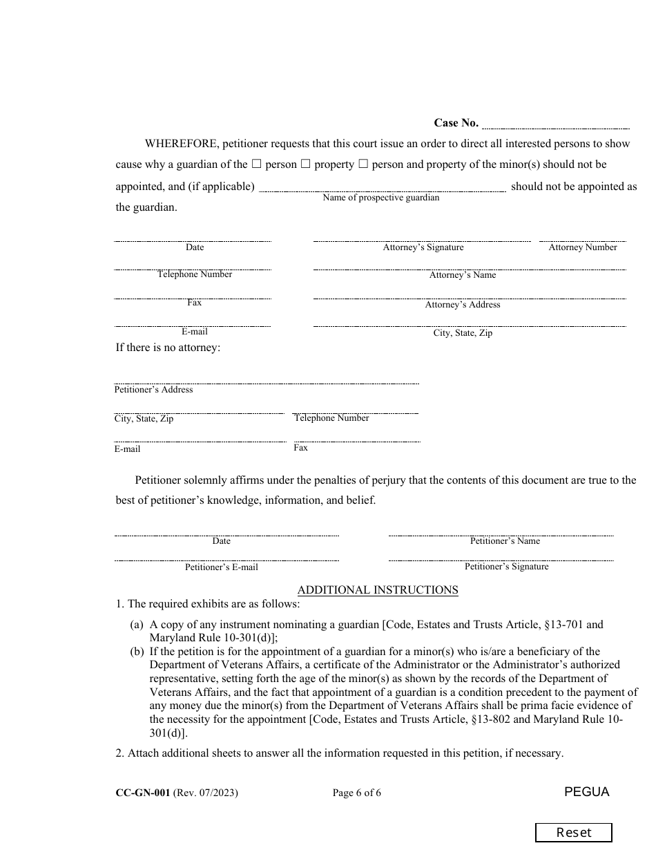 Form CC-GN-001 Petition for Guardianship of Minor - Maryland, Page 6