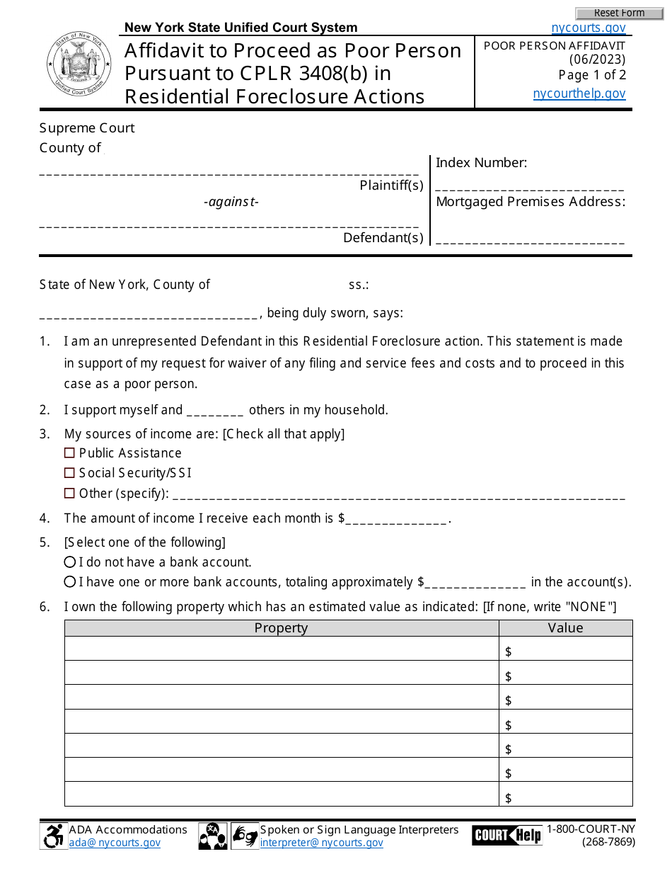 New York Affidavit To Proceed As Poor Person Pursuant To Cplr 3408(B ...